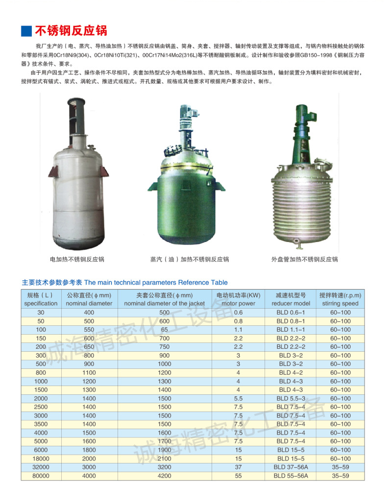內盤管反應釜規(guī)格參數表